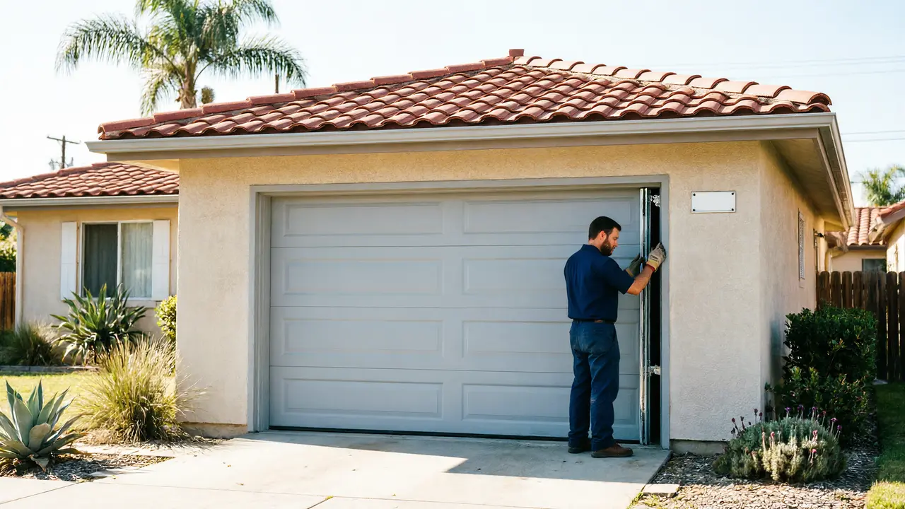 Installer on a stepladder mounting garage door track inside a new garage