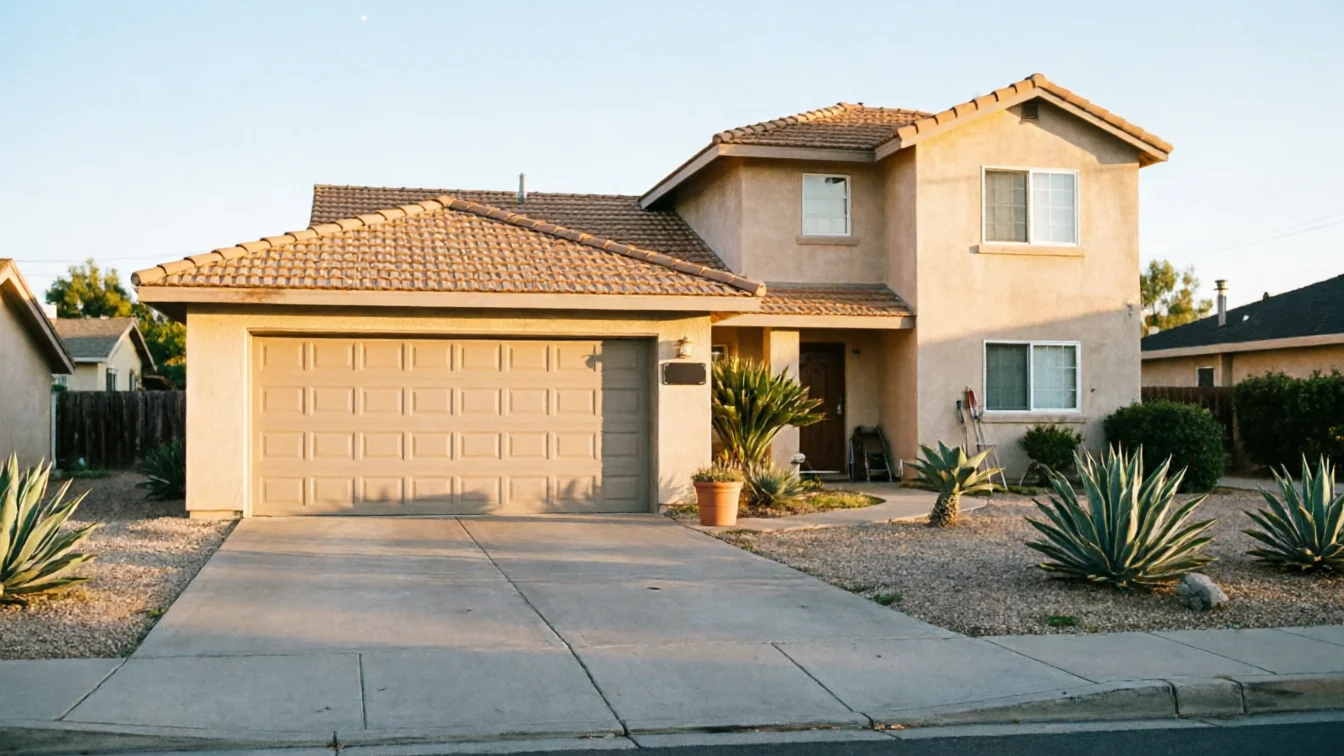 The house has a tan garage door, a driveway, and desert landscaping.
