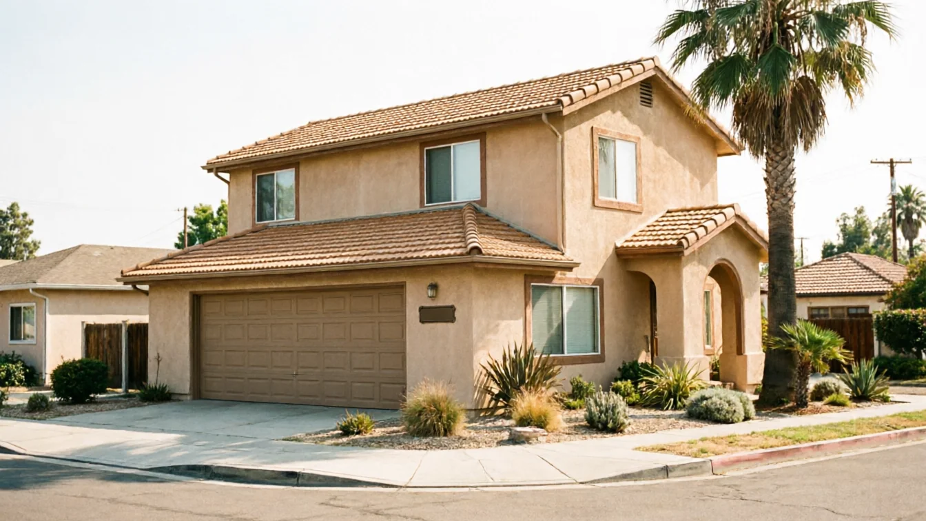 A two-story house with a brown garage door and a palm tree in the front yard.