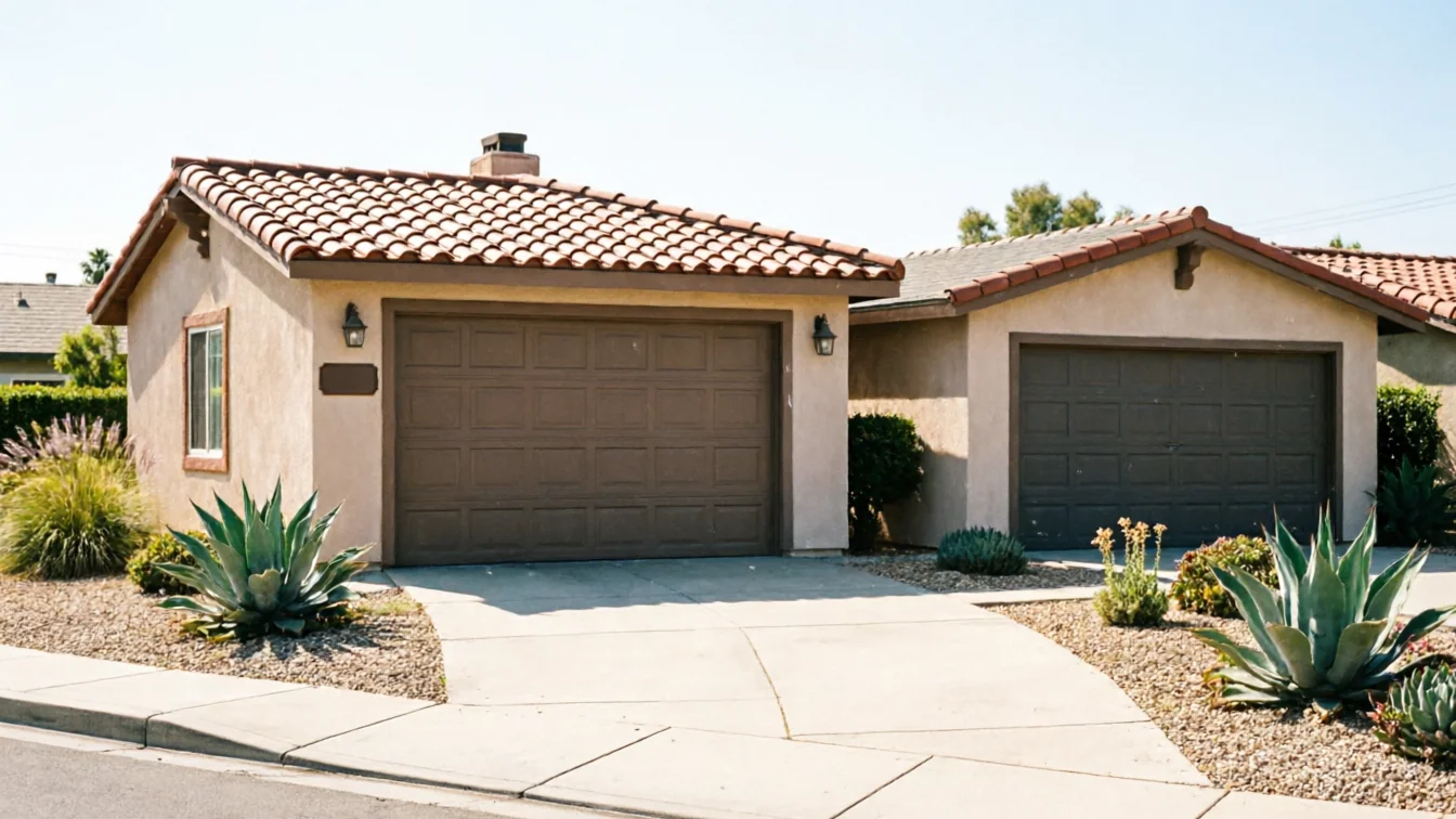 Two houses with brown garage doors and red tile roofs are visible from the street.