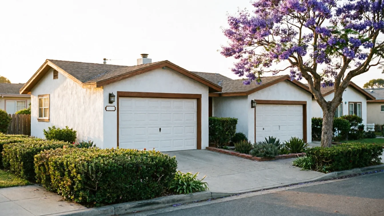 A white house with two white garage doors and a purple flowering tree.