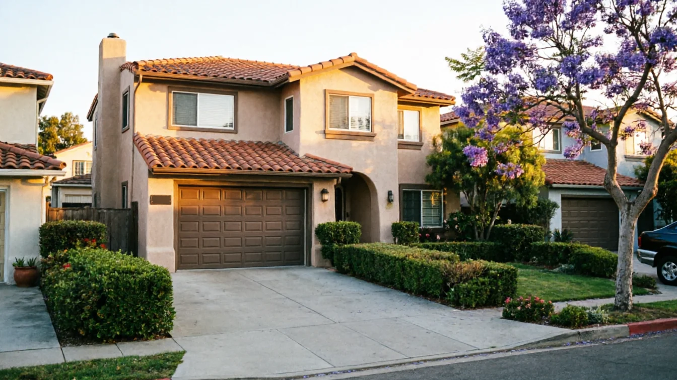 A brown garage door is on a stucco house with a tiled roof.