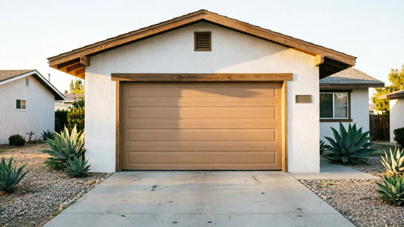 The house has a tan garage door, a white exterior, and a concrete driveway.