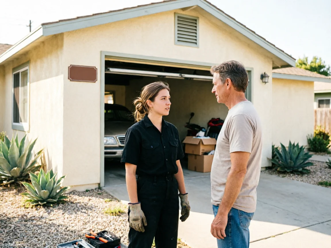 A technician talks to a man in front of an open garage.