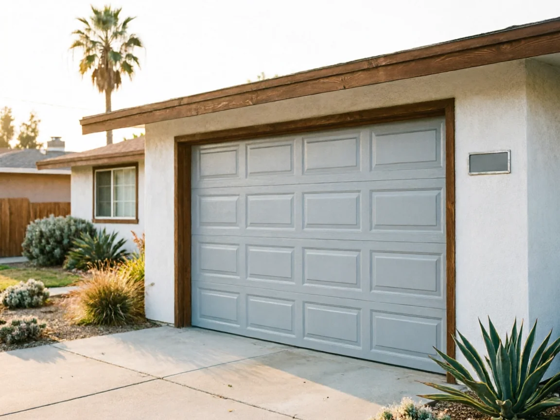 A light gray garage door with panels on a white house with a brown trim.