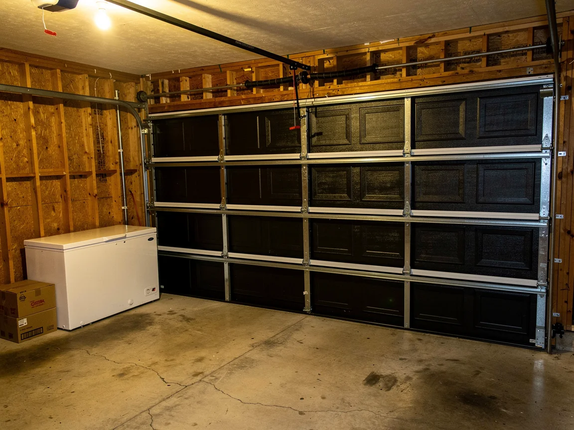 A black garage door is closed inside a garage with a white freezer.