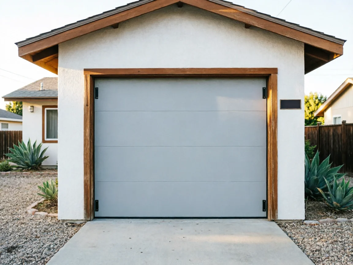 A light gray garage door is centered on a white stucco garage.