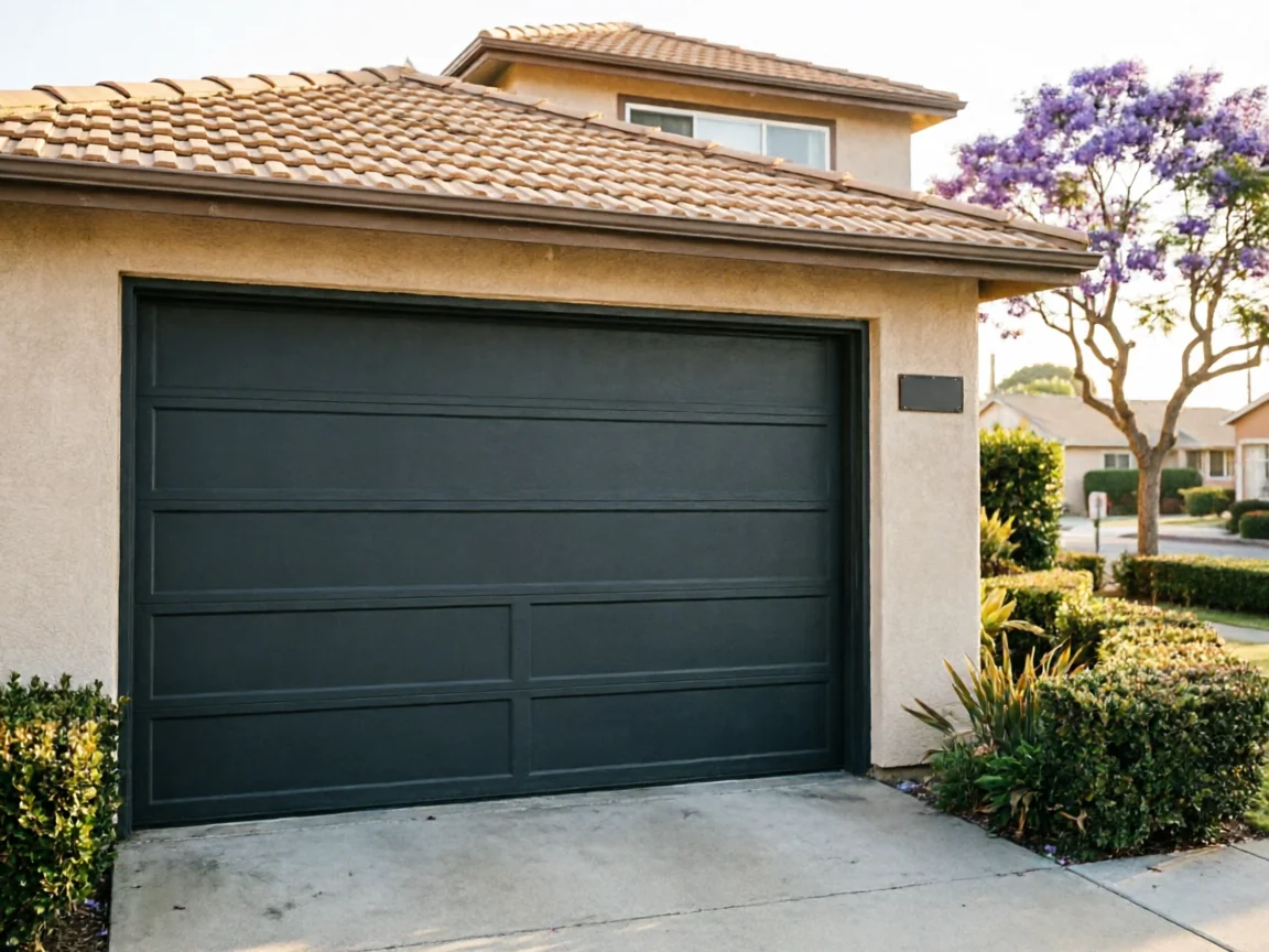 A dark gray garage door is on a tan house with a tiled roof.