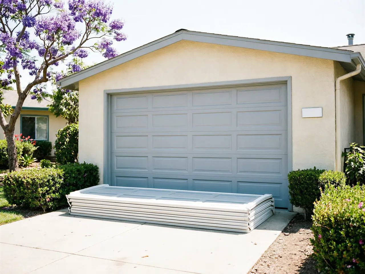 A stack of new garage door panels sits on a driveway in front of a house.