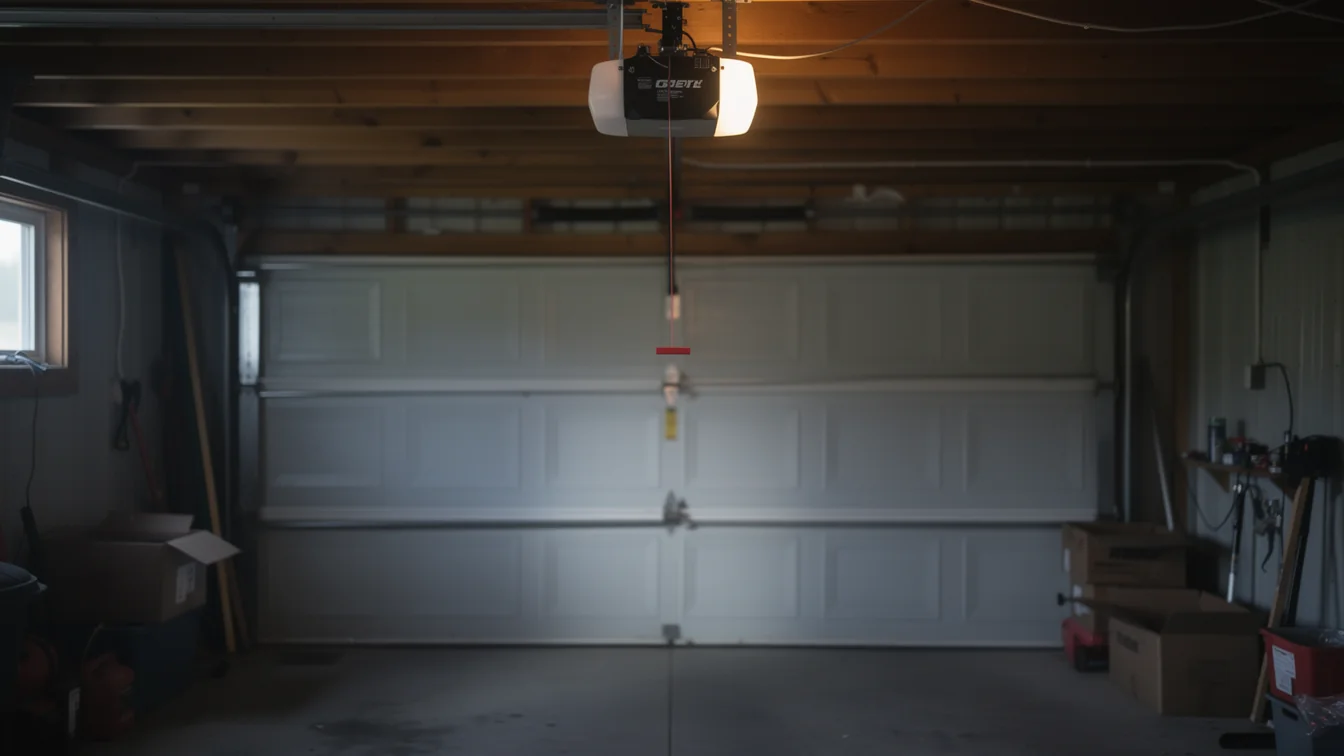 A garage door opener with an illuminated light bulb hangs above a closed white garage door.