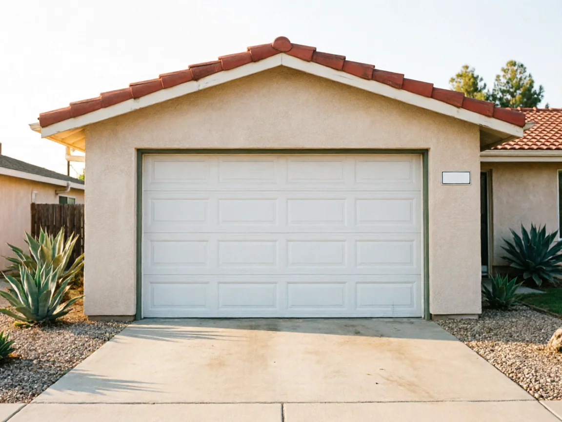 The garage door is white and closed, set in a light-colored stucco house.