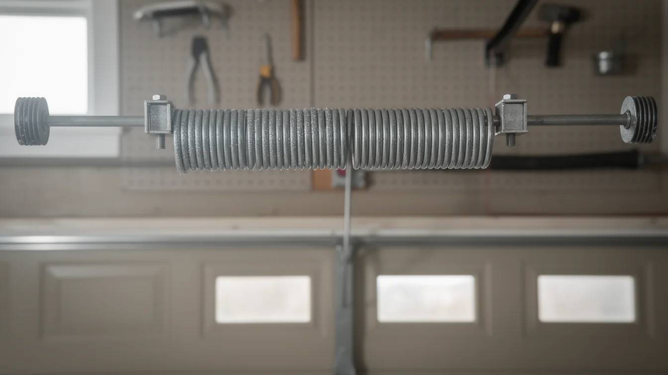A garage door torsion spring is mounted above a light brown garage door.